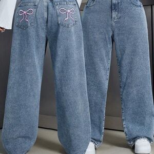 SHEIN 18 Denim Wide Leg Baggy Fit Pink Bow Back Pockets Jeans Elastic Waist